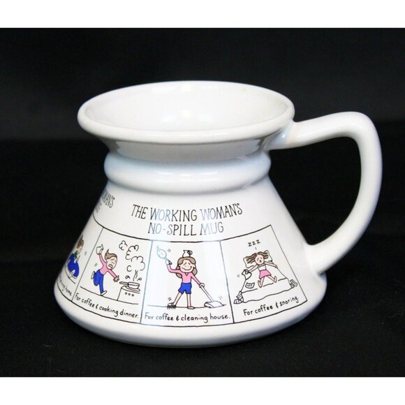 Vtg 80s 90s The Working Woman No Spill Coffee Mug White Curved Graphic Cup Funny - Picture 1 of 6